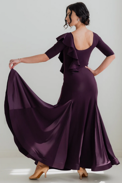 Federica Ruffle Gown in Plum – ballroom and evening gown with cascading ruffle, satin inserts and 3/4 sleeves