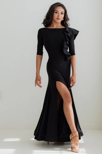 Federica Ruffle Gown in Classic Black – elegant ballroom and evening gown with cascading ruffle and 3/4 sleeves