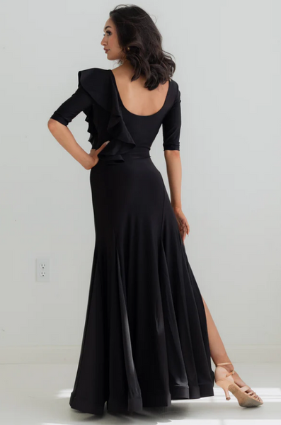 Federica Ruffle Gown in Classic Black – elegant ballroom and evening gown with cascading ruffle and 3/4 sleeves