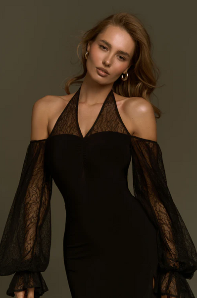 Bodysuit Melia | Elegant Bodysuit with Voluminous Long Lace Sleeves, Halter Neckline with Bare Shoulders, Snap Closure & Removable Cups for Evening & Formal Wear, Ballroom & Smooth Dance Performance, Medal Exams and DanceSport Competitions