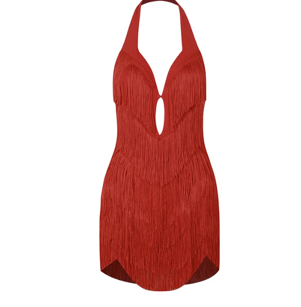 ZYM Heat Waves Fringe Dress Cherry Red 26047 | Backless Fringe Latin Dress, Halter Neckline, Open Back, Built-In Cups & Underwear with Snap Closure for Latin, Salsa, Samba Dance Performance & DanceSport Competition