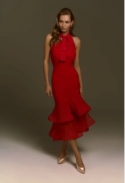 Bodysuit Tiara in Red | Elegant Sleeveless Bodysuit with Halter Back with Bare Shoulders, Snap Closure & Removable Cups for Evening & Formal Wear, Ballroom & Smooth Dance Performance, Medal Exams and DanceSport Competitions