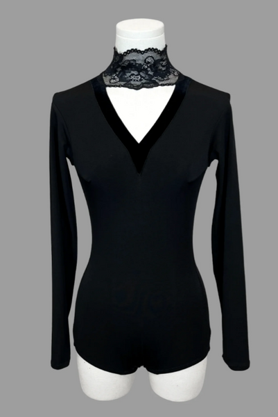 Breeze Bloom Stretch Bodysuit in Black by EM Couture | Practice Bodysuit with Feature Lace Neckline, Long Sleeves for Ballroom, Smooth, Tango, Evening Wear