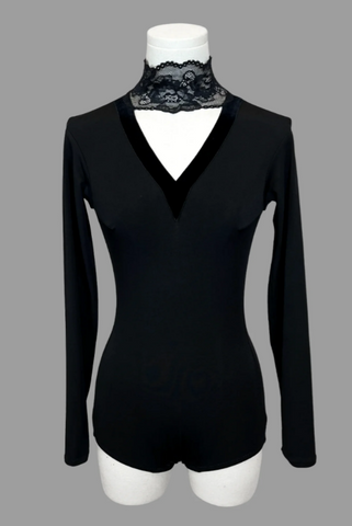 Breeze Bloom Stretch Bodysuit in Black by EM Couture | Practice Bodysuit with Feature Lace Neckline, Long Sleeves for Ballroom, Smooth, Tango, Evening Wear