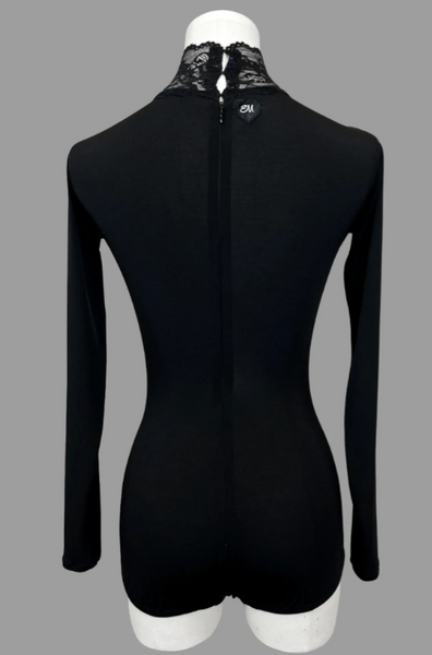 Breeze Bloom Stretch Bodysuit in Black by EM Couture | Practice Bodysuit with Feature Lace Neckline, Long Sleeves for Ballroom, Smooth, Tango, Evening Wear