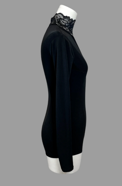 Breeze Bloom Stretch Bodysuit in Black by EM Couture | Practice Bodysuit with Feature Lace Neckline, Long Sleeves for Ballroom, Smooth, Tango, Evening Wear