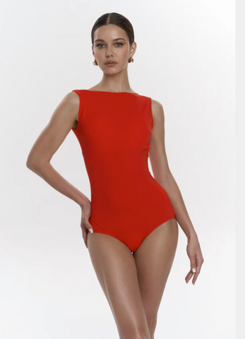 Bodysuit Hanna in Red Plus Sonya Sleeves by Danza | Bodysuit with Low V Back Plus Separate Sleeves for Practice, Performance & DanceSport Competition