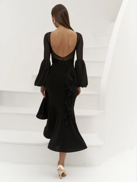 Bodysuit Kristen in Black by Danza | Elegant bodysuit with feature long sleeves, mesh neckline and low back for Ballroom Dance practice, performance & DanceSport competitions