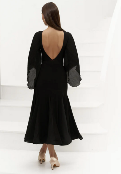 Bodysuit Elisa in Black | Elegant Bodysuit with Feature Pleated Chiffon Sleeves, Low V Back, Removable Cups for Ballroom Dance practice, performance & DanceSport competitions