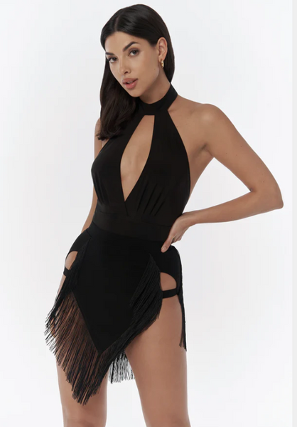 Black halter dress with fringe details on a white background