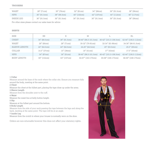 DSI-London trousers sizing chart showing waist, hips and inside-leg measurements, with shirt sizing and measuring instructions