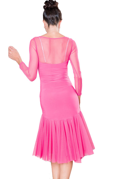 Short Ruched Sweetheart Dress D2405 in Various Colours: Fitted Top, Long Stretch Net Sleeves, Full Circle Powermesh Skirt, Short-Knee Length for Evening Wear & Events, Social Dancing, Dance Performance & DanceSport Competitions