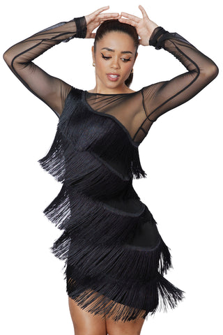 Diagonal Fringe Dress D2421 in Various Colours: Diagonal Fringe & Power Mesh, Shorter Length, Fitted Full Fringe Dress with Long Mesh Sleeves for Salsa, Samba & Latin Dance, Evening Wear & Parties, Social Dancing, Dance Performance & DanceSport Competitions