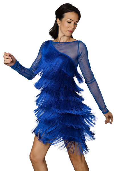 Diagonal Fringe Dress D2421 in Various Colours: Diagonal Fringe & Power Mesh, Shorter Length, Fitted Full Fringe Dress with Long Mesh Sleeves for Salsa, Samba & Latin Dance, Evening Wear & Parties, Social Dancing, Dance Performance & DanceSport Competitions