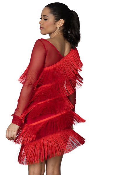 Diagonal Fringe Dress D2421 in Various Colours: Diagonal Fringe & Power Mesh, Shorter Length, Fitted Full Fringe Dress with Long Mesh Sleeves for Salsa, Samba & Latin Dance, Evening Wear & Parties, Social Dancing, Dance Performance & DanceSport Competitions