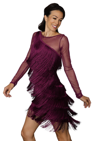 Diagonal Fringe Dress D2421 in Various Colours: Diagonal Fringe & Power Mesh, Shorter Length, Fitted Full Fringe Dress with Long Mesh Sleeves for Salsa, Samba & Latin Dance, Evening Wear & Parties, Social Dancing, Dance Performance & DanceSport Competitions
