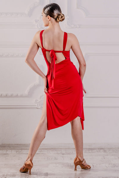 FREE AUSTRALIA-WIDE SHIPPING.&nbsp; Best price worldwide.  Breathtaking, twisted halter neck red latin dress. Enhance and sublime your body movements ! Gathered on your hip and finished with a long tie feature. Front body part with double layer of fabric. Full bodysuit for your comfort. Perfect for Latin or Tango practice, performance, medals and dancesport competition.