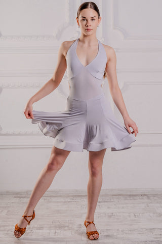 FREE AUSTRALIA-WIDE SHIPPING.&nbsp; Best price worldwide.  Fabulous grey latin halter neck dress that will become your second skin. Back closure with golden clasp. 8-panel skirt with covered crinoline hem that swings like crazy with your dance moves! Full bodysuit for your comfort. &nbsp;Perfect for Latin, Salsa, Samba Dance practice, performance, medals and dancesport competition.