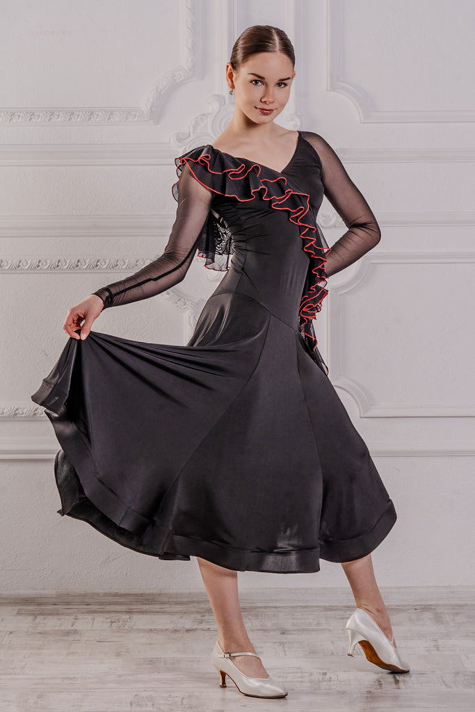 Dancebox Paloma Ballroom Dress Black | Striking Dress with Diagonal Ru Dancewear For You Dancebox Paloma Ballroom Dress Black | Striking Dress with Diagonal Ru Dancewear For You