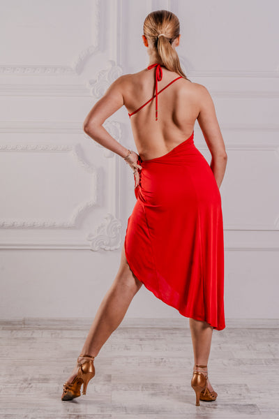 FREE AUSTRALIA-WIDE SHIPPING.&nbsp; Best price worldwide.  Daring red latin dress with lovely open back and spaghetti ties. Long split and beautifully cascading frills dancing with every move. Full body for your comfort. Perfect for Latin or Tango practice, performance, medals and dancesport competition.