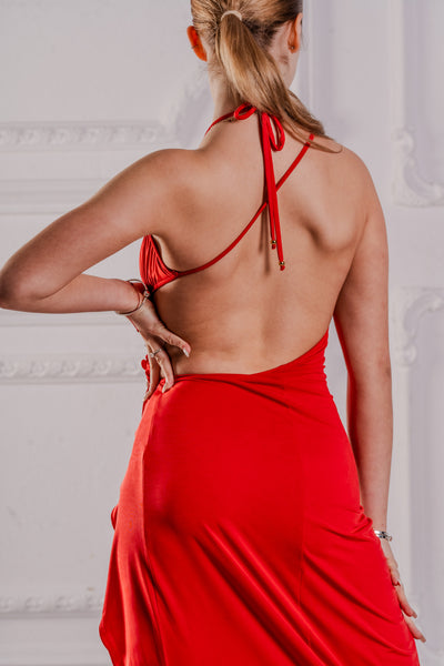 FREE AUSTRALIA-WIDE SHIPPING.&nbsp; Best price worldwide.  Daring red latin dress with lovely open back and spaghetti ties. Long split and beautifully cascading frills dancing with every move. Full body for your comfort. Perfect for Latin or Tango practice, performance, medals and dancesport competition.