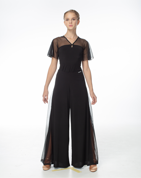 Womens & Girls Ballroom Dance Pants BR211 | Silky Smooth, Stretch Palazzo Style Pants with Mesh Details Down the Sides for Ballroom Dance Practice, Medal Exams. Social Dancing & Performance