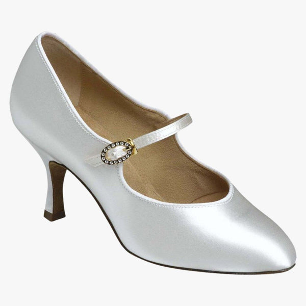 Australia-wide priority shipping with tracking is already included in the price of all Supadance Shoes.&nbsp; Nothing more to pay!&nbsp; Contact us for express options.

No return or exchange on this special order item.

Best Seller! Round toe court shoes with horizontal strap and oval diamante buckle in White Satin.
Oval Crystal Hook Buckle.
Regular or Wide fitting.
2" or 2½" Contour heel.
3" Contour heel (Regular fitting only), 2" Flare heel (excluding White Satin Wide fitting).