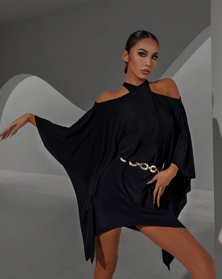 Batwing sleeve asymmetric hem clearance skew neck black dress