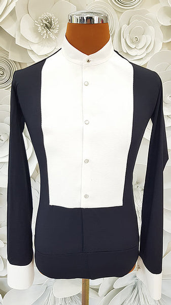 Free Aust-wide shipping.  Best price worldwide with tracking.  Made in Italy this stylish, stretch body shirt comes with built-in pants.  Avail in white or black and white.  The perfect partner for your Alfa Fashion Ballroom Tail Suit.    Available in collar sizes 35cm to 45cm.  Made using exclusive B-stretch fabric - Breathable, quick drying fabric.