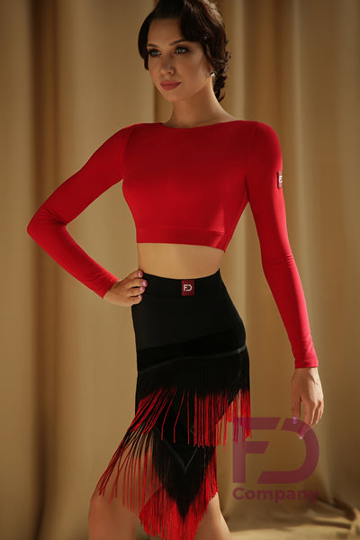 Stylish Latin Fringe Skirt with a straight silhouette, built-in pants, elastic waist with 4cm stitched belt, herringbone-shaped undercuts, long graduated fringe for a stunning look and plenty of movement!   Made with Stretch Crepe & Stretch Velor.  Perfect for practice, social dancing, competition or performance