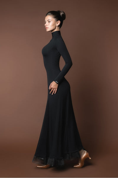 classic black ballroom dance dress from dancewear for you australia with high neck, long sleeves and crinoline hem