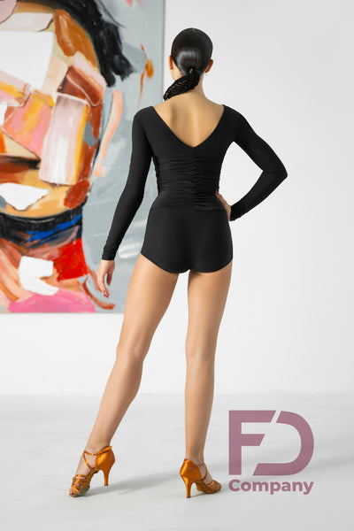 Free Australia-wide standard shipping.  Cheap and efficient worldwide shipping with Australia Post plus tracking.  Gorgeous Bodysuit long sleeves, deep V neckline back and front and flattering ruching.  Fastens at the bottom.  Made with stretch crepe.  This versatile leotard is perfect for Lessons, Evening Wear, Social Dancing, Practice or Performance. 