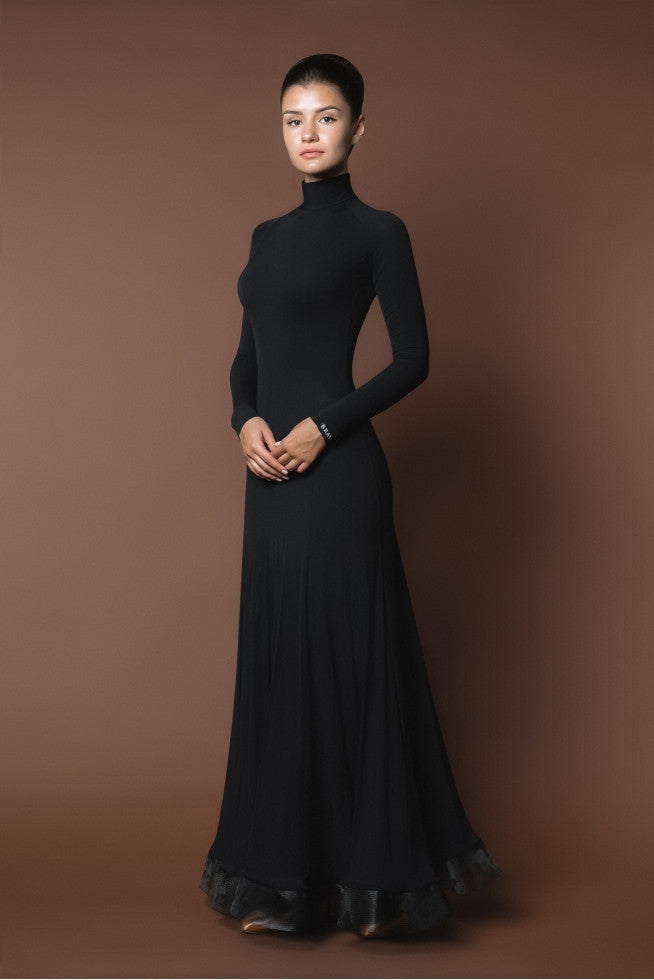 classic black ballroom dance dress from dancewear for you australia with high neck, long sleeves and crinoline hem
