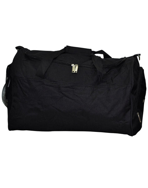 Free Aust-wide Shipping.  Worldwide shipping calculated at checkout.  With embroidered DW4U logo as per photo of grey & black bag.  Various Solid Colours are available in this style.  This practical large-size sports & travel bag features a large central compartment with U shaped, double zippered opening to fit all your practice-wear, lunch box, books and gear inside plus right side mesh pocket