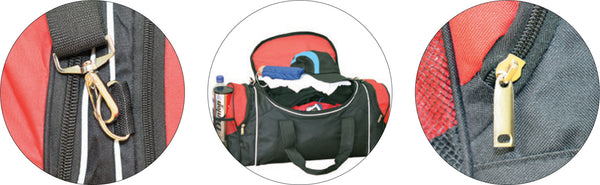 Free Aust-wide Shipping.  Worldwide shipping calculated at checkout.  With embroidered DW4U logo as per photo of grey & black bag.  Various Solid Colours are available in this style.  This practical large-size sports & travel bag features a large central compartment with U shaped, double zippered opening to fit all your practice-wear, lunch box, books and gear inside plus right side mesh pocket
