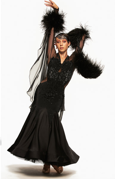 Custom Made On Request - EMAIL for information.  Couture ballroom dress, fully decorated with Jet black and Jet hematite crystals all over, in a panther pattern, ostrich feather detailing around arms and wings, full back, zipper in front.