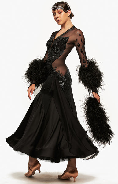 Custom Made On Request - EMAIL for information.  Couture ballroom dress, fully decorated with Jet black and Jet hematite crystals all over, in a panther pattern, ostrich feather detailing around arms and wings, full back, zipper in front.