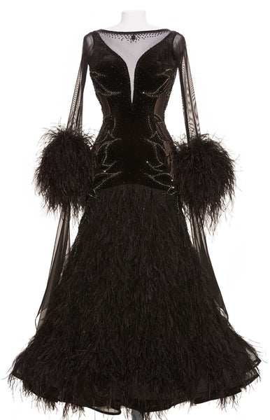 Couture Made to Measure Item - Email for todays price  Price includes worldwide shipping by express courier.  The spotlight of the dance floor, black feathered couture ballroom dress, with deep V cut at back, long mesh sleeves and fully decorated with black ostrich feathers. Sides are mesh, lined with nude lycra to create that special effect accentuated with Jet and Jet Hematite crystals.