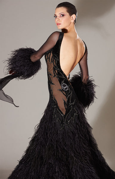 Couture Made to Measure Item - Email for todays price  Price includes worldwide shipping by express courier.  The spotlight of the dance floor, black feathered couture ballroom dress, with deep V cut at back, long mesh sleeves and fully decorated with black ostrich feathers. Sides are mesh, lined with nude lycra to create that special effect accentuated with Jet and Jet Hematite crystals.
