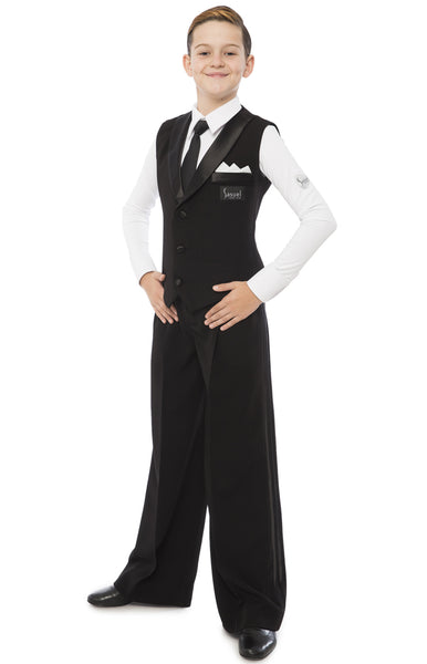 FREE Australia-wide shipping!  Best price worldwide.  Boys ballroom waistcoat, shorter version, handcrafted in black gabardine fabric, fully lined, with satin lapels and buttons. Perfect for Dancesport or shows.