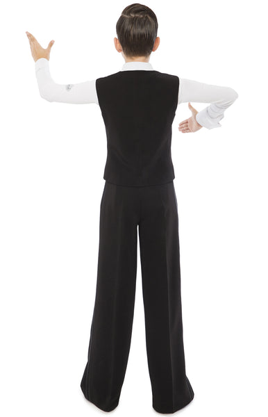 FREE Australia-wide shipping!  Best price worldwide.  Boys ballroom waistcoat, shorter version, handcrafted in black gabardine fabric, fully lined, with satin lapels and buttons. Perfect for Dancesport or shows.