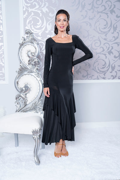 FREE AUSTRALIA-WIDE SHIPPING with tracking!  This long sleeve ankle length dress features a square neckline and back with princess line seaming which gives an elongated look.  The full flared skirt features additional double ruffles for added movement.