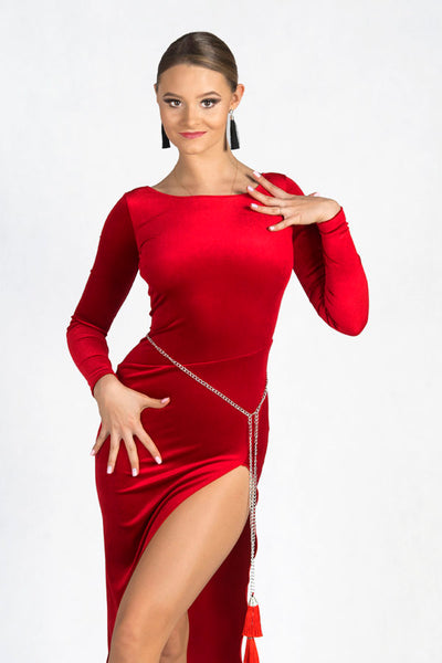 FREE AUSTRALIA-WIDE SHIPPING.  Best price worldwide.  Astonishing latin & tango dress for the dance floor and why not- walking the red carpet!  Luxurious shiny rich and soft velvet. Comfortable cut with cheeky long split on the left side. Boat neck and elegant V-shaped back.  Silver metal chain belt ending with 2 colour matched tassels.