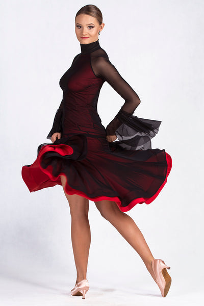 dancebox ballroom dress and evening wear dress with double layer skirt with crinoline hem and long sleeves with high neck in soft silk jersey, dancesport ballroom dress from dancewear for you australia