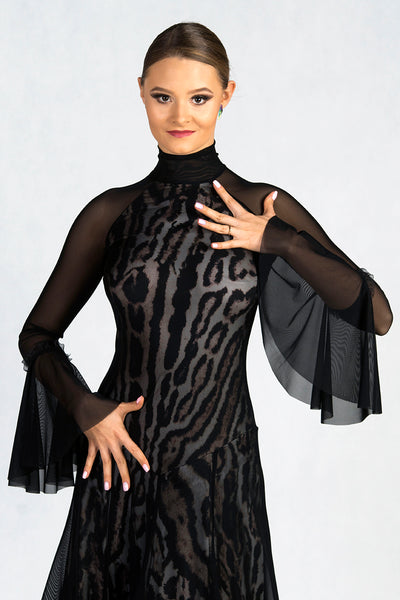 dancebox ballroom dress and evening wear dress with double layer skirt with crinoline hem and long sleeves with high neck in soft silk jersey, dancesport ballroom dress from dancewear for you australia