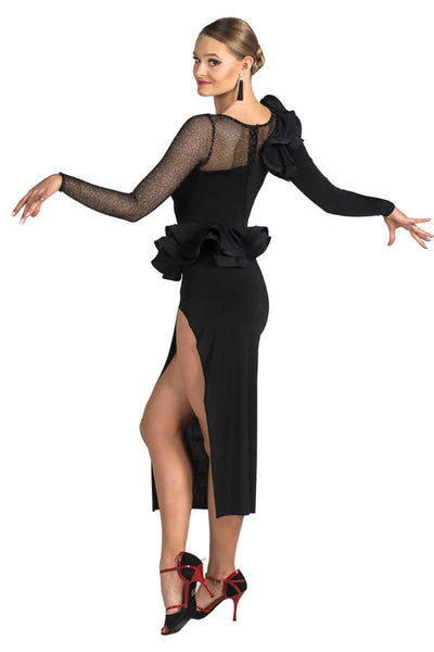 FREE AUSTRALIA-WIDE SHIPPING.  Best price worldwide.  The one to become your favourite practice dress!  Long cheeky split on the left side and frills with Crinoline on the hip line and shoulders give you this stunning Latin or Tango look immediately. The soft touch silk jersey and shiny glitter mesh become your second skin.
