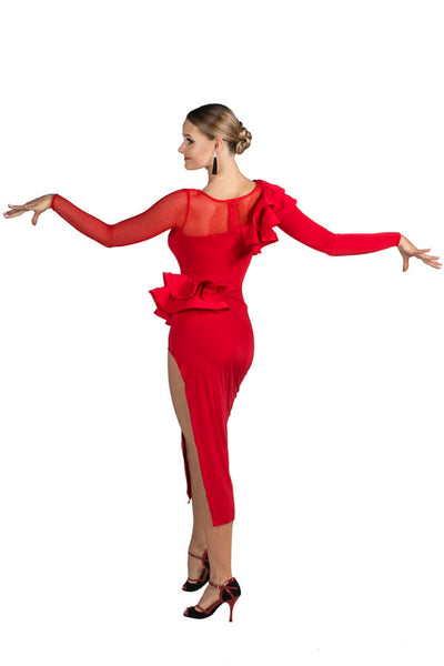 FREE AUSTRALIA-WIDE SHIPPING.  Best price worldwide.  The one to become your favourite practice dress!  Long cheeky split on the left side and frills with Crinoline on the hip line and shoulders give you this stunning Latin or Tango look immediately. The soft touch silk jersey and shiny glitter mesh become your second skin.