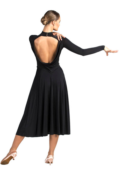 FREE AUSTRALIA-WIDE SHIPPING 2-3 weeks.  Best price worldwide 2-4 weeks.  Total freedom of movement for ballroom or American Smooth. Created in soft silk jersey with a split on left side. Satin belt to tie. Long sleeves and a fabulous back with turtle neck and sophisticated cowl back. Neck closure with 3 crystal buttons.  high neck