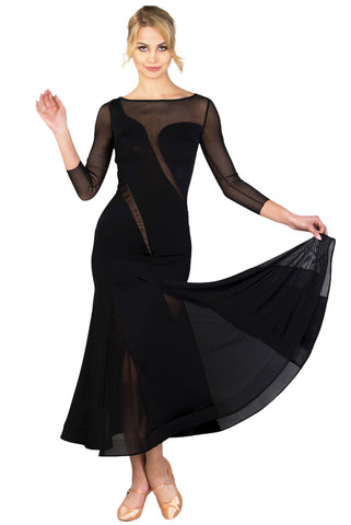 FREE AUSTRALIA-WIDE SHIPPING 2-3 weeks.  Best price worldwide 2-4 weeks.  Strikingly modern and expressive, this long dress out of sheer stretch mesh and silk jersey creates a dramatic figure. The lower cut-out sheer element is doubled with skin tone lycra. Key hole back closure with sparkling crystal button. The light weight but voluminous skirt with sheer godets will let you move freely. Finished with a hidden crinoline hem for extra movement.