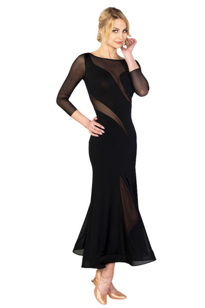 FREE AUSTRALIA-WIDE SHIPPING 2-3 weeks.  Best price worldwide 2-4 weeks.  Strikingly modern and expressive, this long dress out of sheer stretch mesh and silk jersey creates a dramatic figure. The lower cut-out sheer element is doubled with skin tone lycra. Key hole back closure with sparkling crystal button. The light weight but voluminous skirt with sheer godets will let you move freely. Finished with a hidden crinoline hem for extra movement.